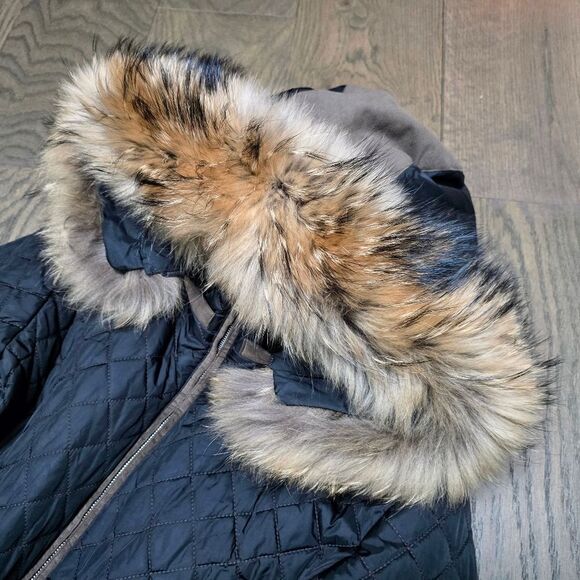 M. Miller Kristene Quilted Ulatrasuede Winter Jacket in Black Raccoon Fur Trim - Picture 12 of 16